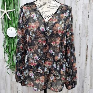 Pleione Floral Sheer Ruffled Blouse Size Small